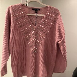 A Love Story Women’s S Small Blush Pink Sweater with Pearls and Rhinestones